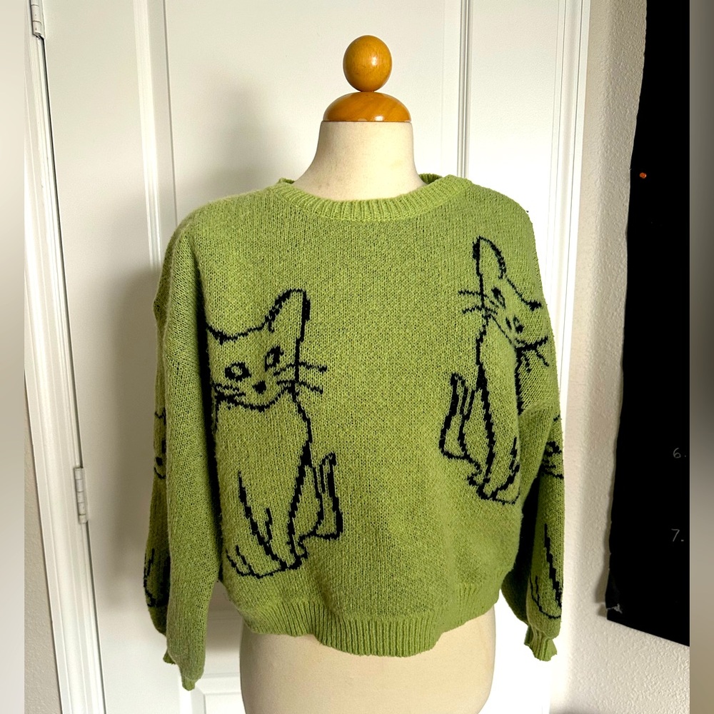 Size Medium, Vintage Cat Sweater, Green Cat Sweater